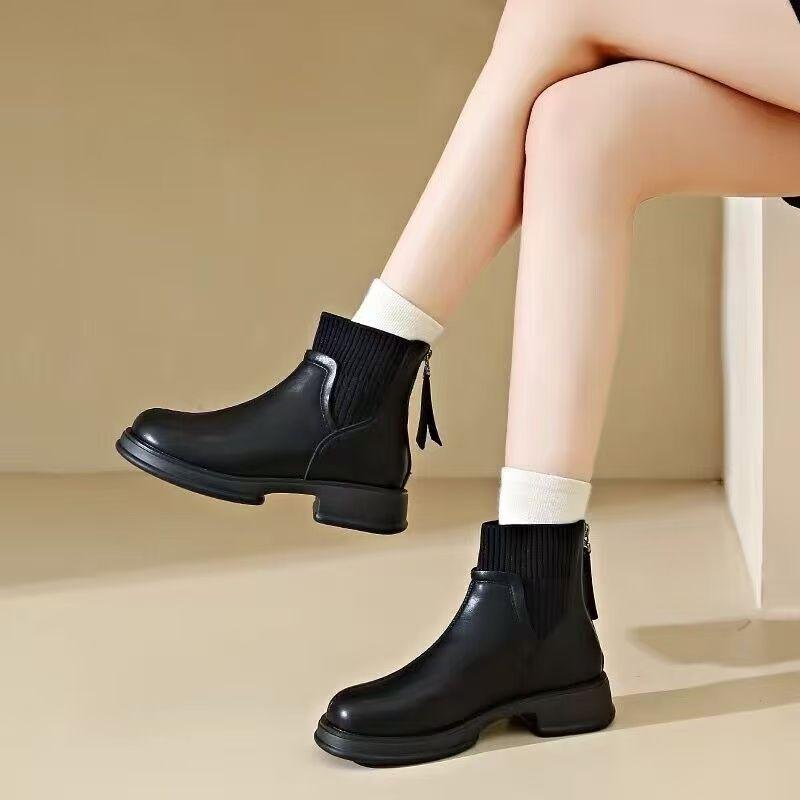 Women's Autumn/Winter 2025 British Style Real Leather Skinny Sock Boots with Back Zipper