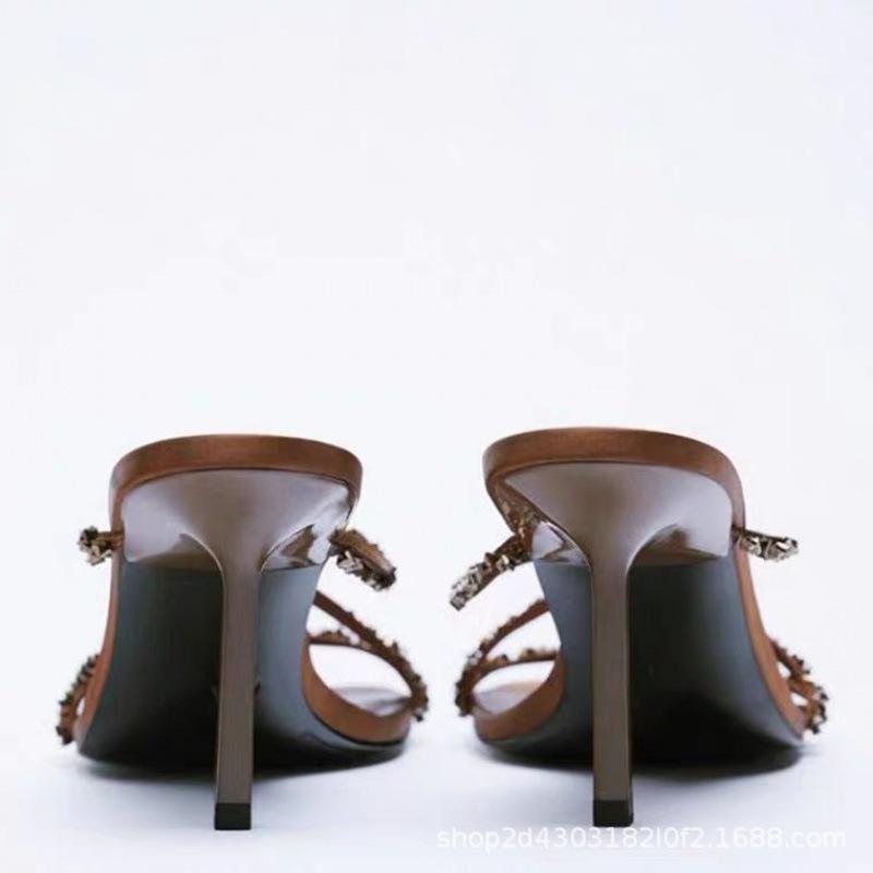 Women's Shoes 2025 New Square Head Rhinestone Beaded Temperament High Heels Open Toe Cross Strap Stiletto Sandals Women's Summer