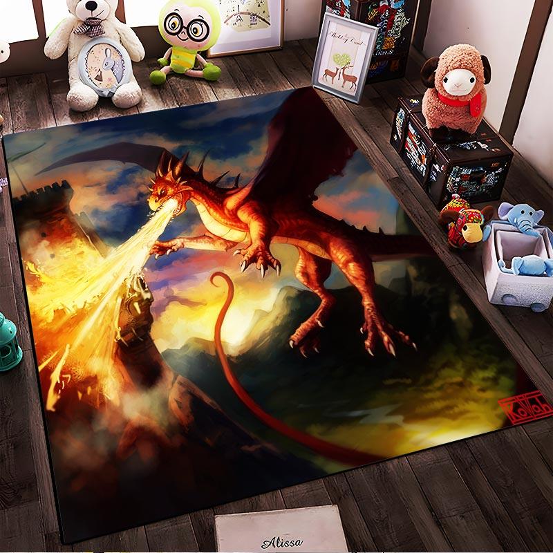Fiery Dragon Attacking Castle with Scenic Background Fantasy Illustration Carpet Suitable for use as an anti-slip1 for1room and bedroom sofas