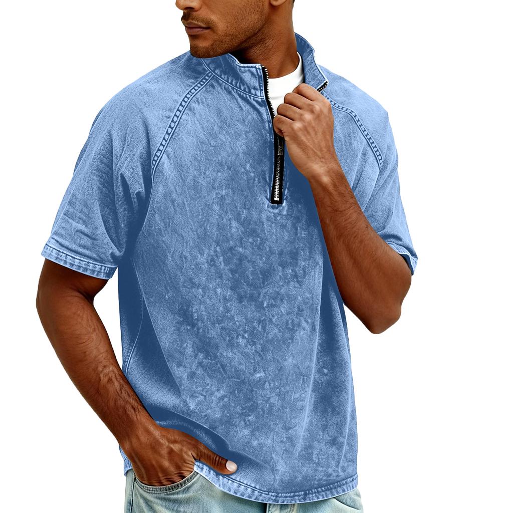 Men's Zipper Stand-up Collar Short-sleeved Distressed Washed Crewneck Casual Shirt
