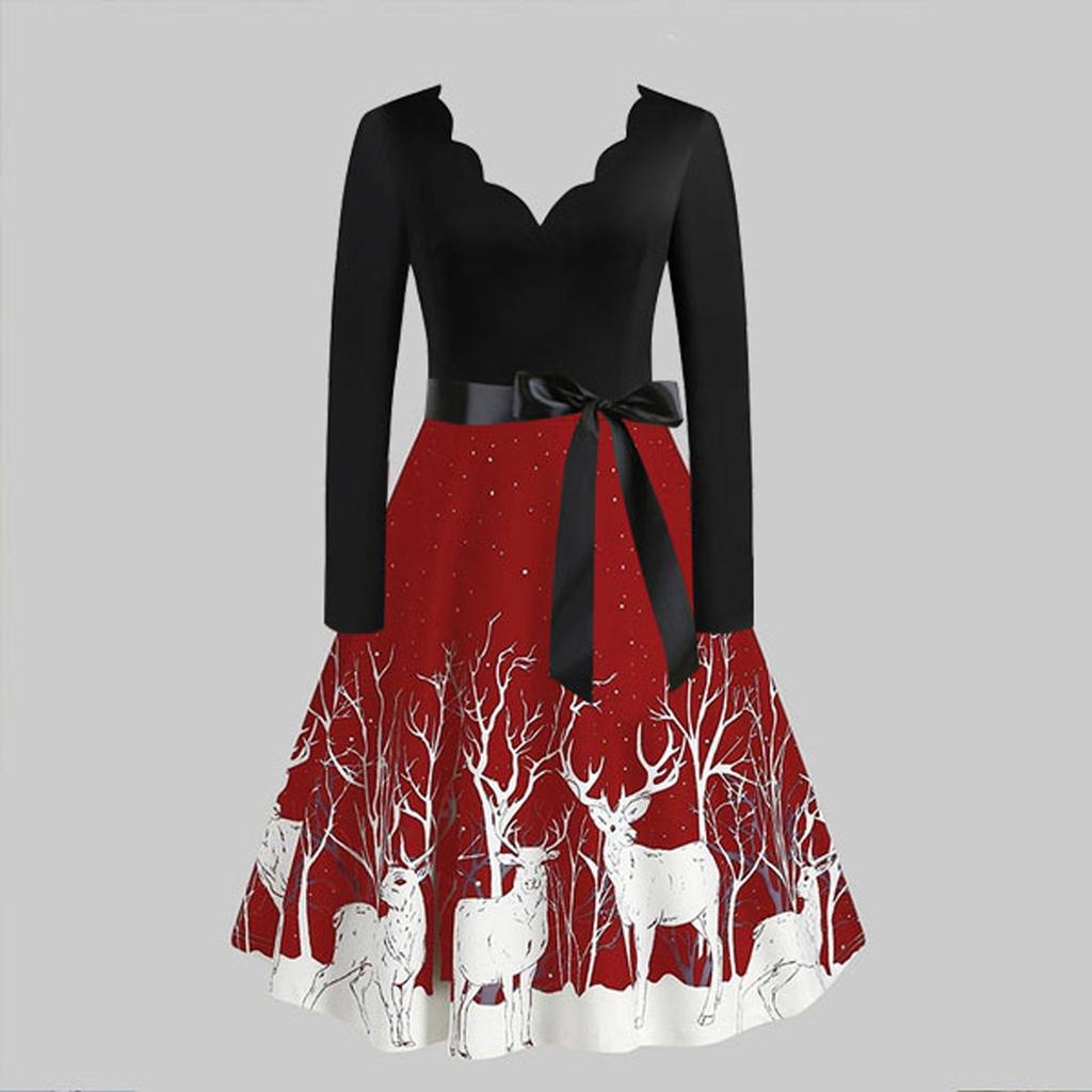 Christmas Print Sequin Patchwork Long Sleeve Dress Deer Skater Party Dresses