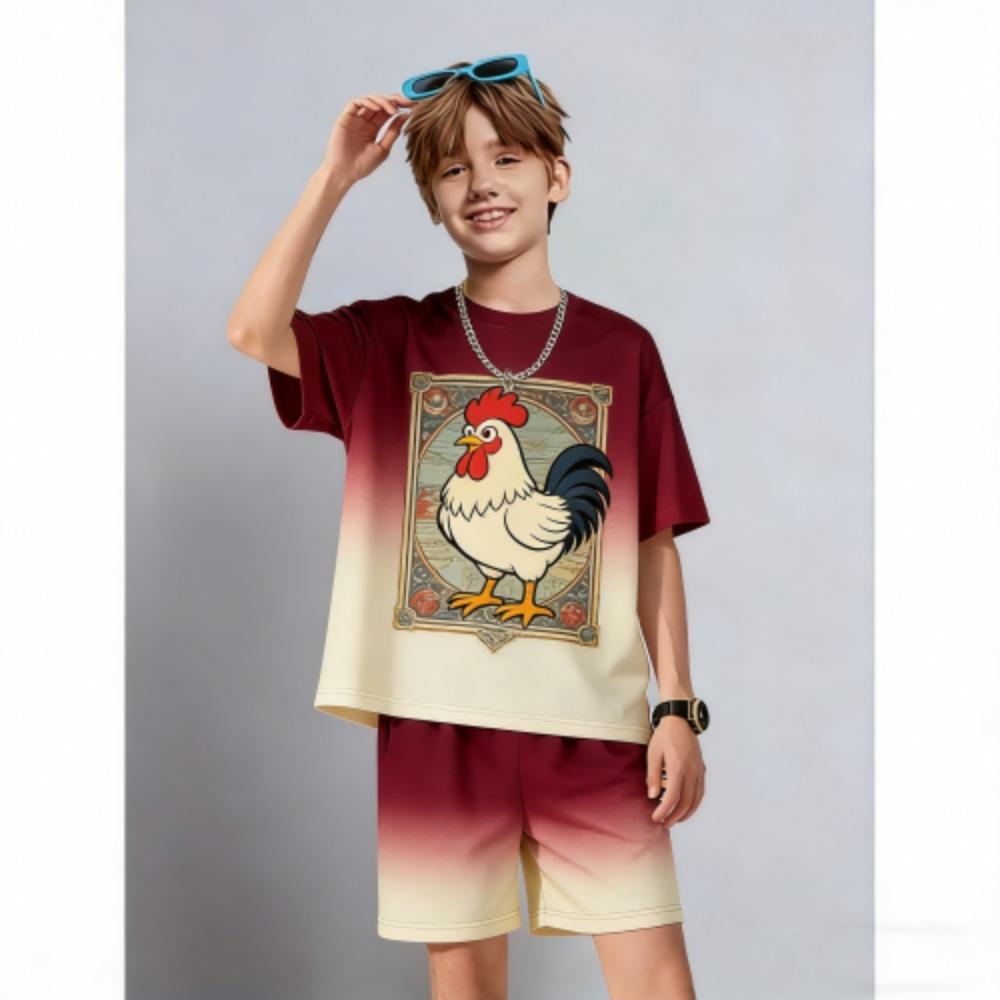 Kids Set Anime Cartoon Chicken Printed Kids T-shirt and Shorts 2 Piece Set Summer Casual Outdoor Boys and Girls Outfit Kids Clothing