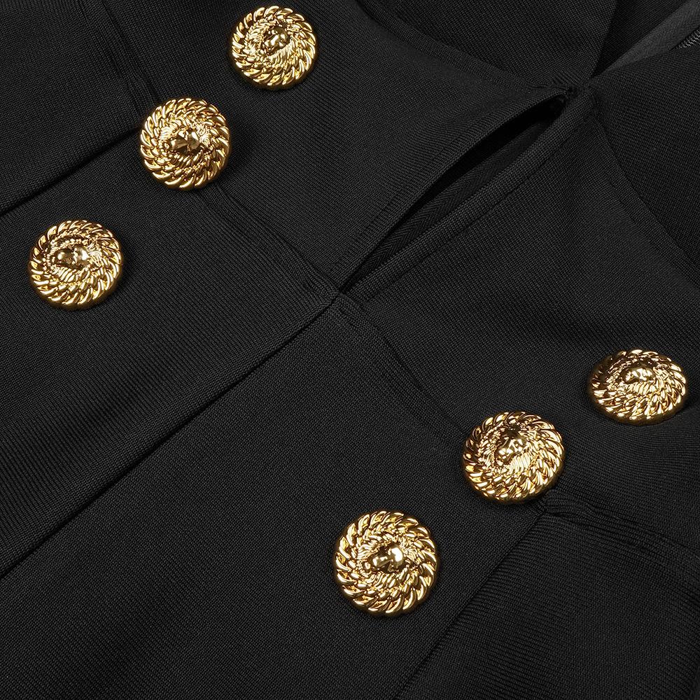 Sexy Deep V-Neck Black Dress with Button Detail & Slim Fit Short Sleeves