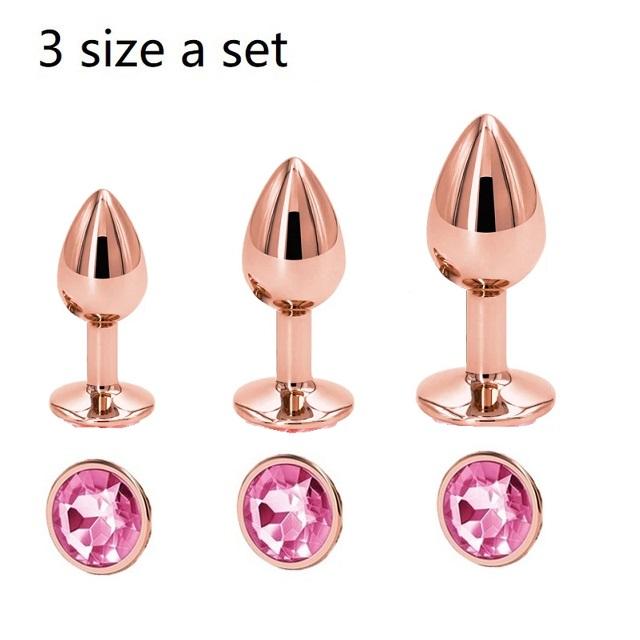 Rainbow Rose Gold Pink Small Medium Size Set Heart Shape Crystal Metal Anal Beads Butt Plug Jewelry Sex Toy for Female Male