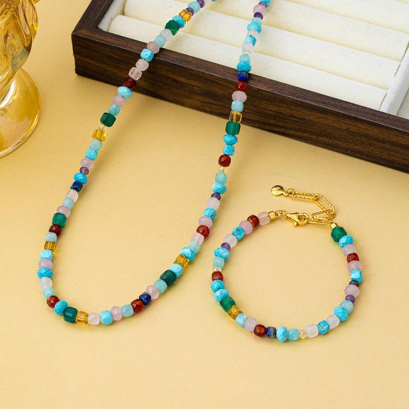 New Color Geometric Faceted Stone Beaded Bracelet Necklace Bohemian Niche Light Luxury Versatile Holiday Style Set
