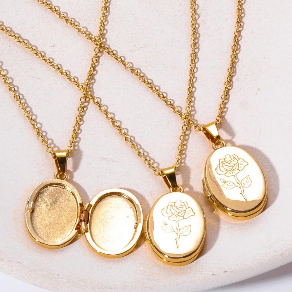 Gold Color Elliptic Sun Moon Eye Pendant Necklace Stainless Steel Geometric Opening Closing Photo Box Choker Trendy Jewelry