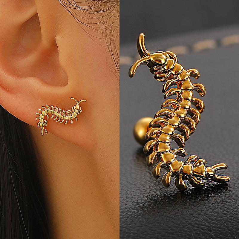 Stainless Steel Centipede Earring Punk Cartilage Spiral Waterproof Stud Earring Not Fading Hypoallergenic Piercing Jewelry