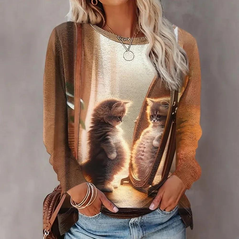 Sommer Damen Tier 3D Druck Rundhals Langarm T-Shirt