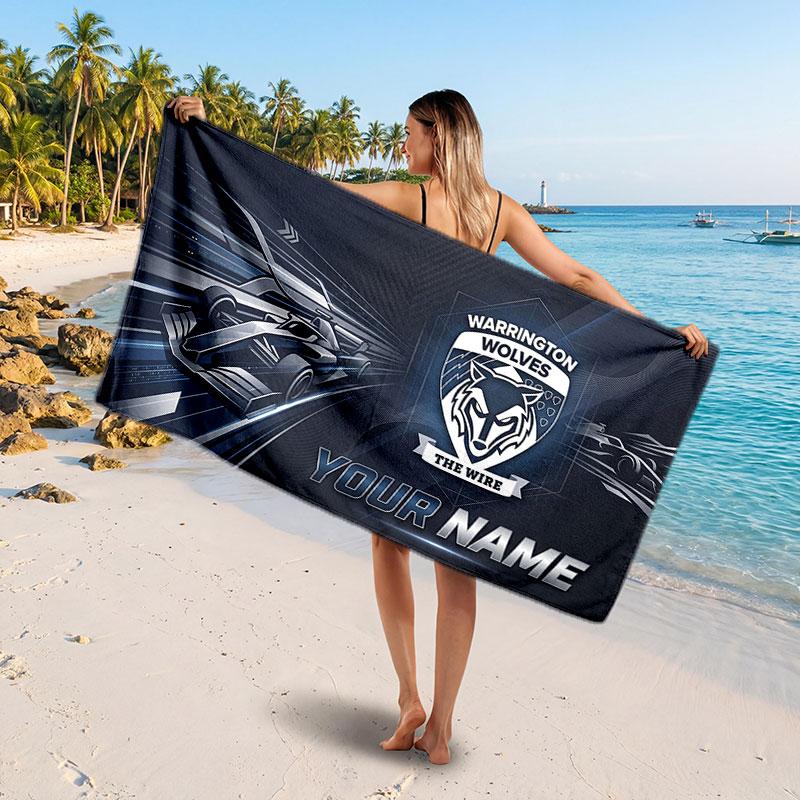 Warrington Wolves Customized Name Text Beach Towel, Soft Absorbent Towel Beach Pool Travel Personal Gift