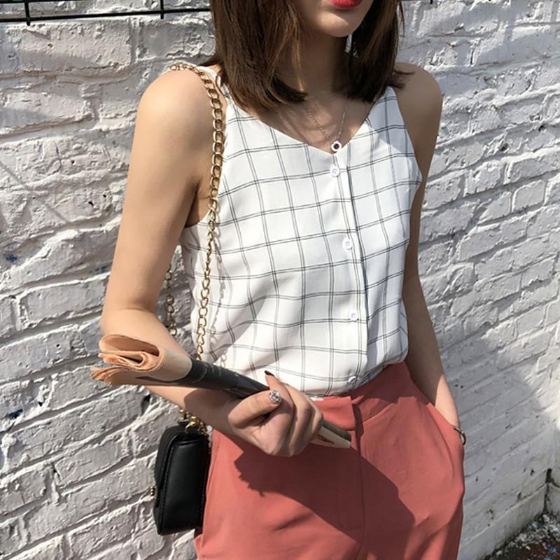 Damska bluzka bez rękawów z dekoltem w serek zapinana na guziki w świeżym stylu, top na ramiączkach, kamizelka z szyfonu w kratę