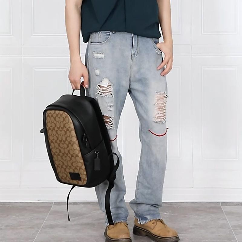 Coach Edge 30 Monogram Casual Backpack Coated Canvas With Leather Men Backpack Khaki Black CM024-QBT4U