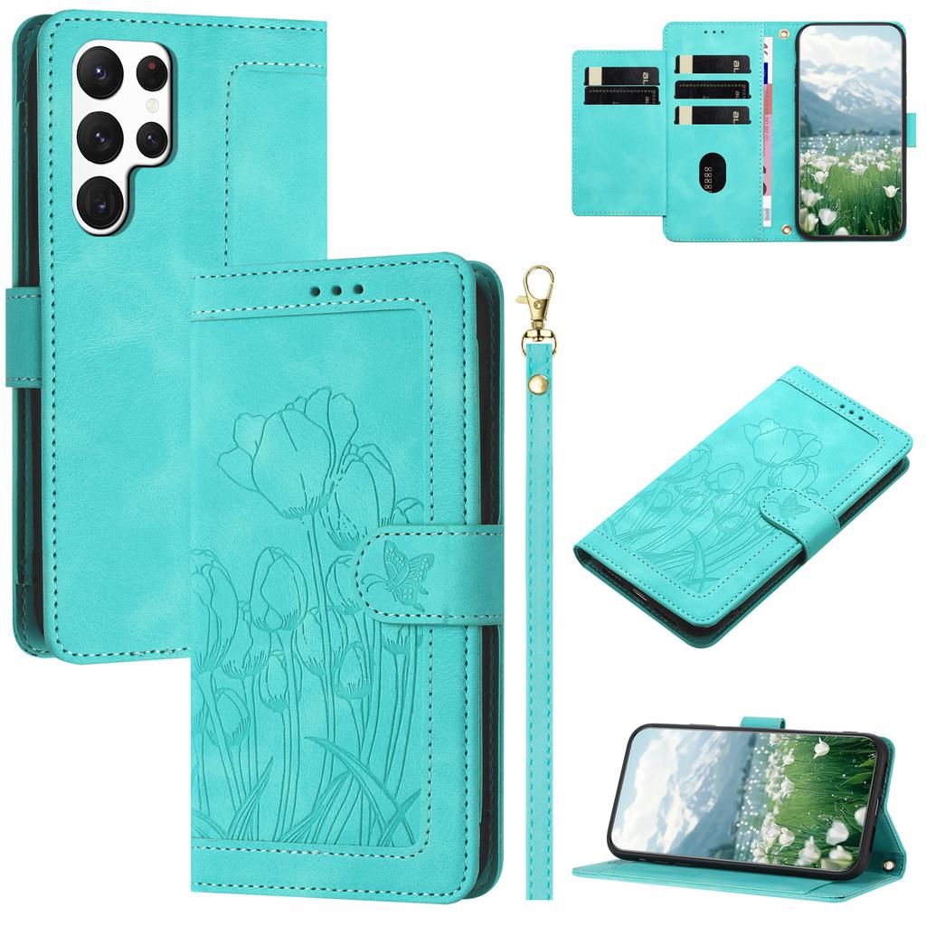 For Samsung Galaxy S22 Ultra 5G Case Tulip Leather Phone Cover with 5 Card Slots Wallet