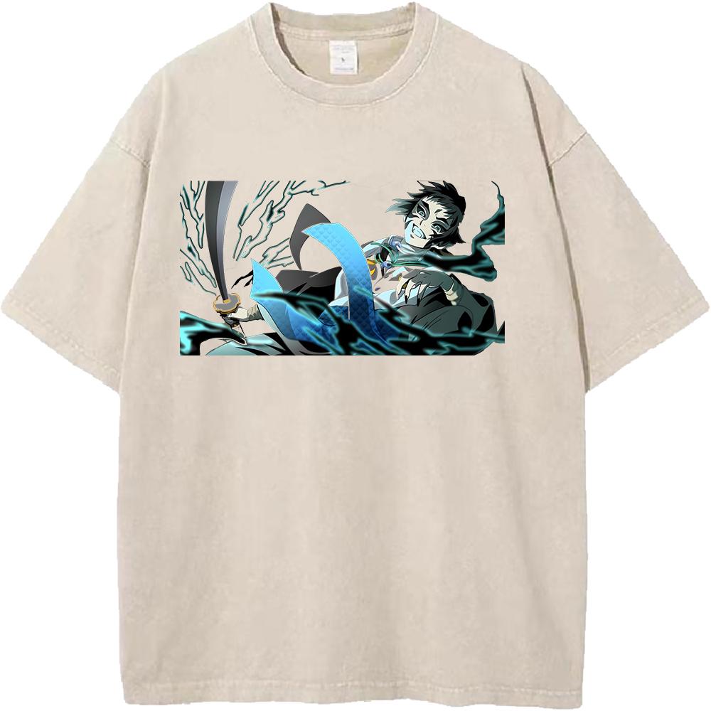 Kaigaku Graphic Washed T Shirt Demon Slayer Anime Tee Men Oversized Cotton Tshirts Harajuku Male Short-sleeve Vintage T-shirt