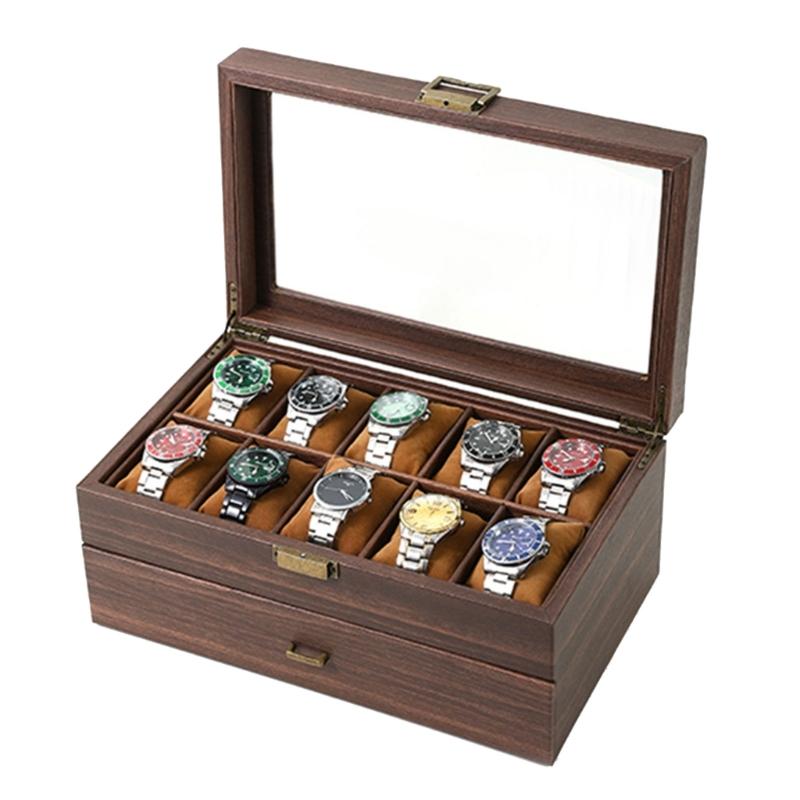 Luksusowy uchwyt do przechowywania zegarków w kolorze Espresso Stylowe etui na zegarki z 6/20 miejscami dla mężczyzn z podwójnymi warstwami i szklanym wieczkiem