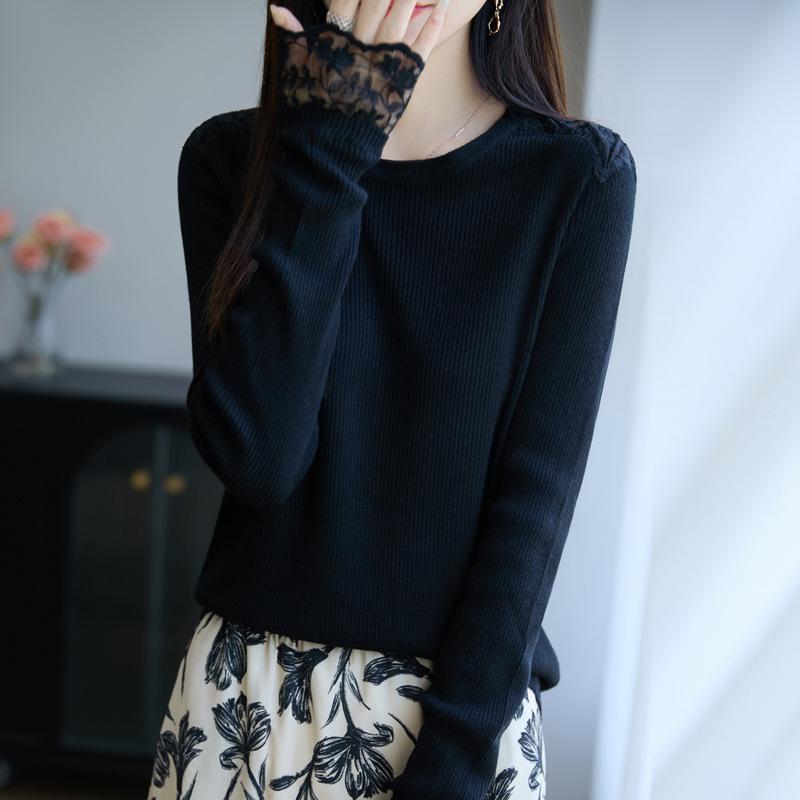 Spring and Autumn New Round-neck Knitted Sweater, Long-sleeved Women's Lace Crocheted Sweater Base Layer Top