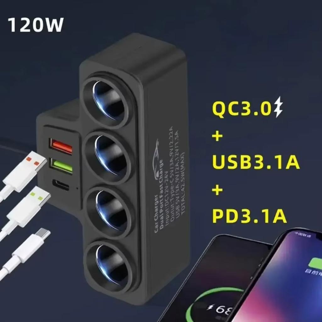 120W Car Cigarette Lighter Adapter 12V/24V 4-Socket 3.1A Faster Charger Charger USB Car Accessories Port USB