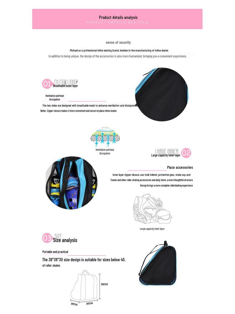 Dreieckige Einzelschulter-Rollerblade-Tasche für Schlittschuhe, Helm und Schutzausrüstung mit doppelten Mesh-Fächern.