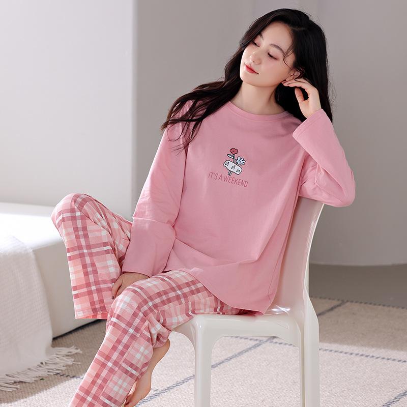 Pajamas Women'S Pure Cotton Long-Sleeved Cotton Round Neck Can Be Worn Outside Casual Loungewear Set