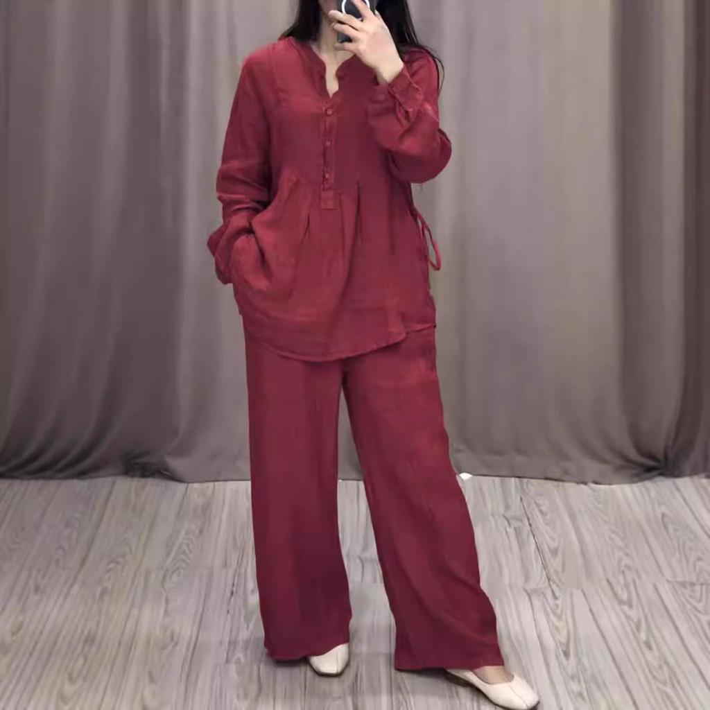 Women's Loose Fit Brown Casual Long Sleeve Button-Up Top and Wide Leg Pants Set