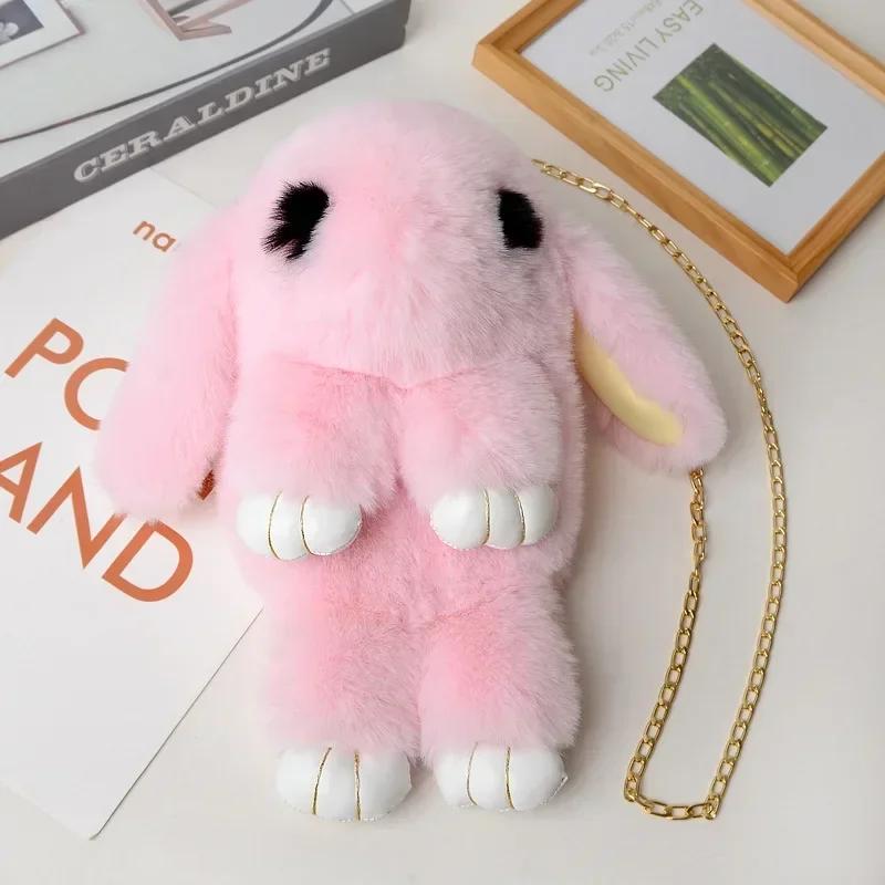Niedliche flauschige Pompons aus Kaninchenfell Kettentasche Damen Cartoon Hase Umhängetasche Flauschiger Hase Schulterplüschrucksack Mädchen Geburtstagsgeschenke