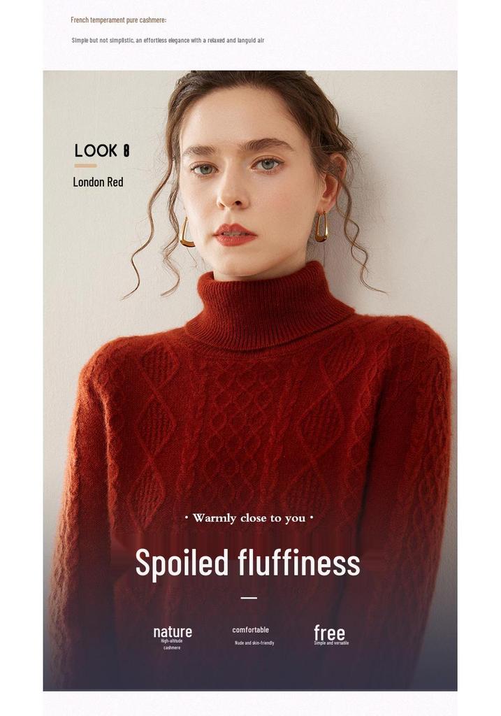 2024 Women's High Neck Cable Knit Cashmere Sweater - Thick, Warm, Short Base Layer for Autumn/Winter