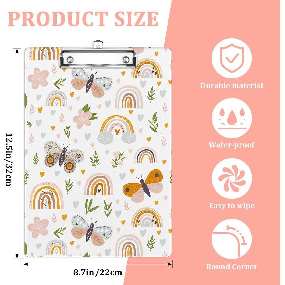 Leaves and Rainbow Plastic Clipboards,Cute Fashion Clipboard Decorative 8.5" x 12.5"Standard A4 Size Clipboards,Acrylic Clipboard for Teacher,Social