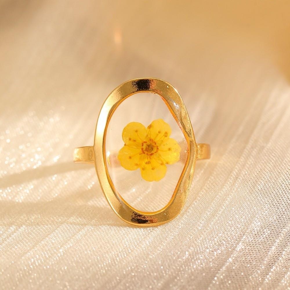 Trend Stainless Steel Geometric Ring Heart Shaped Inlaid Flower Flower Ring Oval Shape Open Ring Jewelry Gift