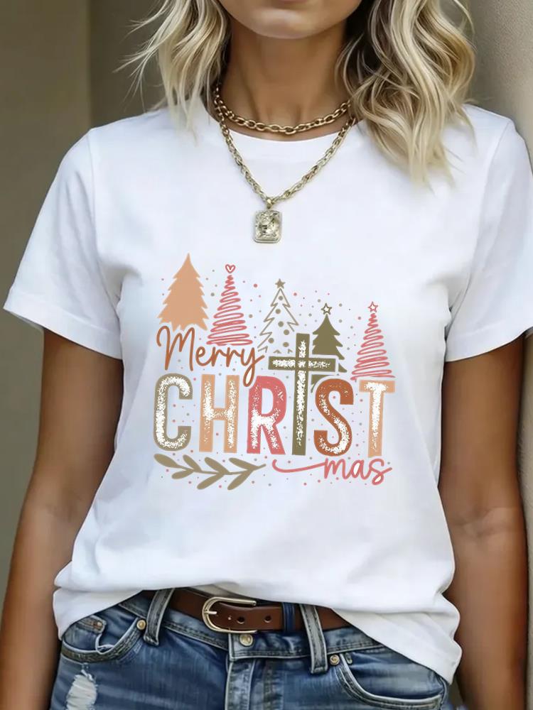 (Asian Size) Lovely Style Cute Merry Christmas Women's Top Short Sleeve T-shirts O-neck T Shirt Print Fashion Casual New Year Clothing Graphic Tee