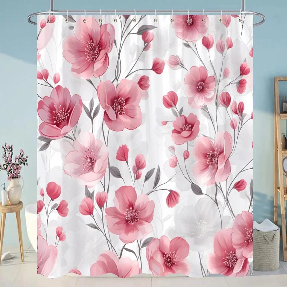 Botanical Flower Shower Curtain Colourful Flowers Green Leaves Watercolour Art Creative Polyester Shower Curtains Bathroom Decor