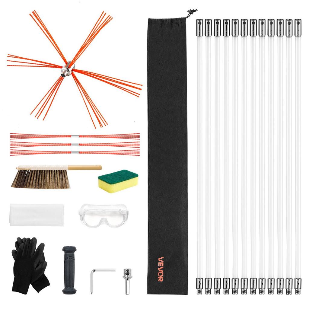 Chimney Sweep Kit, 12m Maximum Extendable Length Chimney Sweep, Chimneys Cleaning Kit with Bristle Replacements & Goggles, 90° Bendable Fireplace