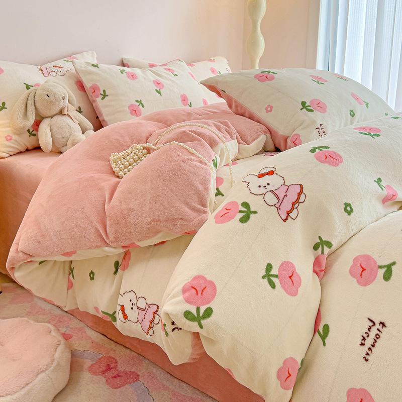 Thickened Milk Fleece Four-Piece Set Double-Sided Coral Flange Fleece Bed Sheet Quilt Cover Three-Piece Set Of Bed Hat