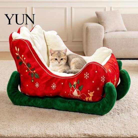 Durable Cat Nest Christmas Sleigh Shaped Pet Bed, Cozy Holiday Dog Sofa Anti?Slip Base Soft Cotton Bed Cushion, Washable Sleeping for Small