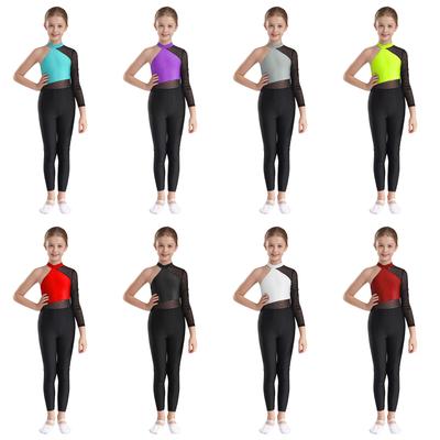 Girls One Mesh Sleeve Full Body Cover Jumpsuits Gymnastics Ballet Modern Dance Uniform Unitard Ice Skating Competition Costume