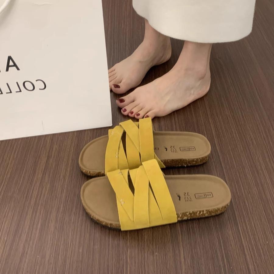 BEI LI XUAN Retro Mori Cross-strap One-word Slippers for Women's Summer Outer Wear Thick-bottomed Casual Beach Women