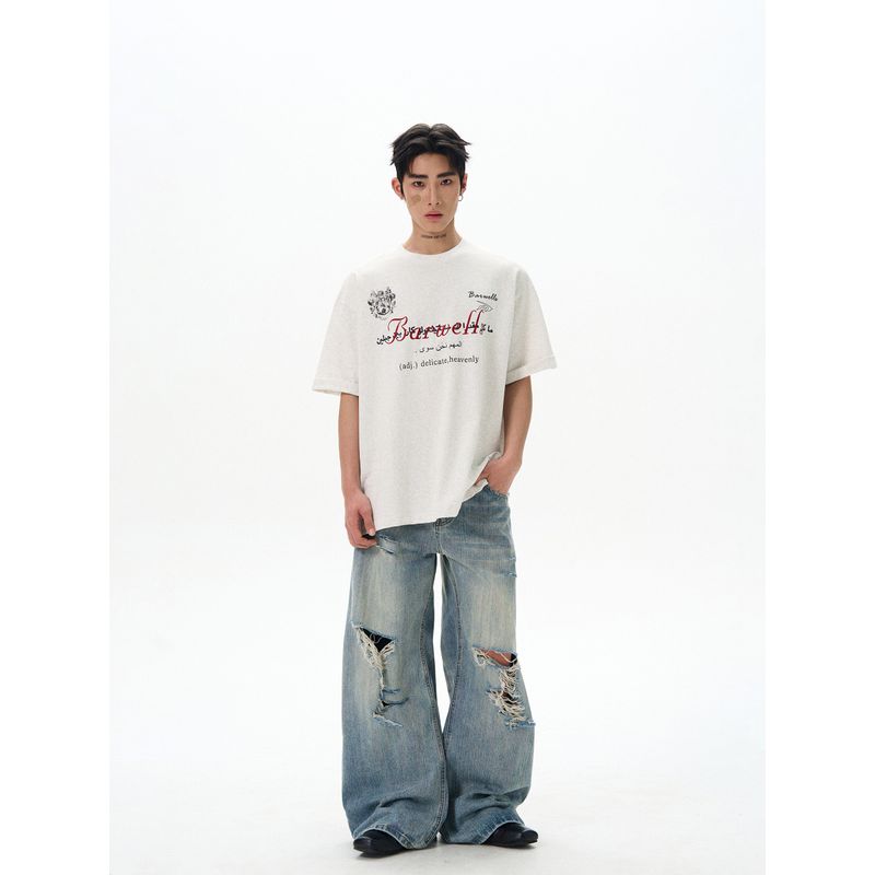 Kisko American Street Style Jersey Embroidered Printed Short-Sleeve T-Shirt for Men and Women, Cool and Loose Casual Tee, Trendy Couple Wear