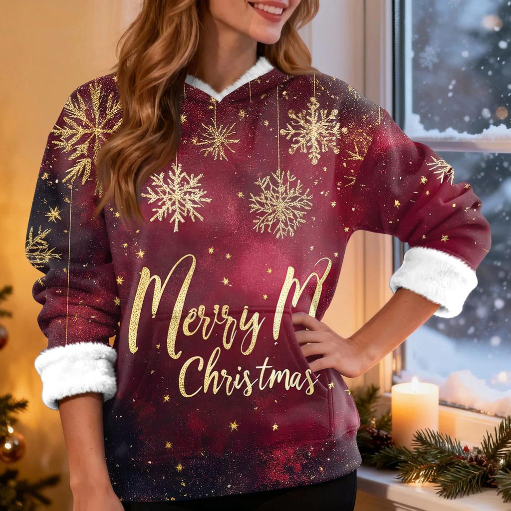 Women's Fashion Casual Long Sleeve Christmas Printed Hooded Sweatshirt