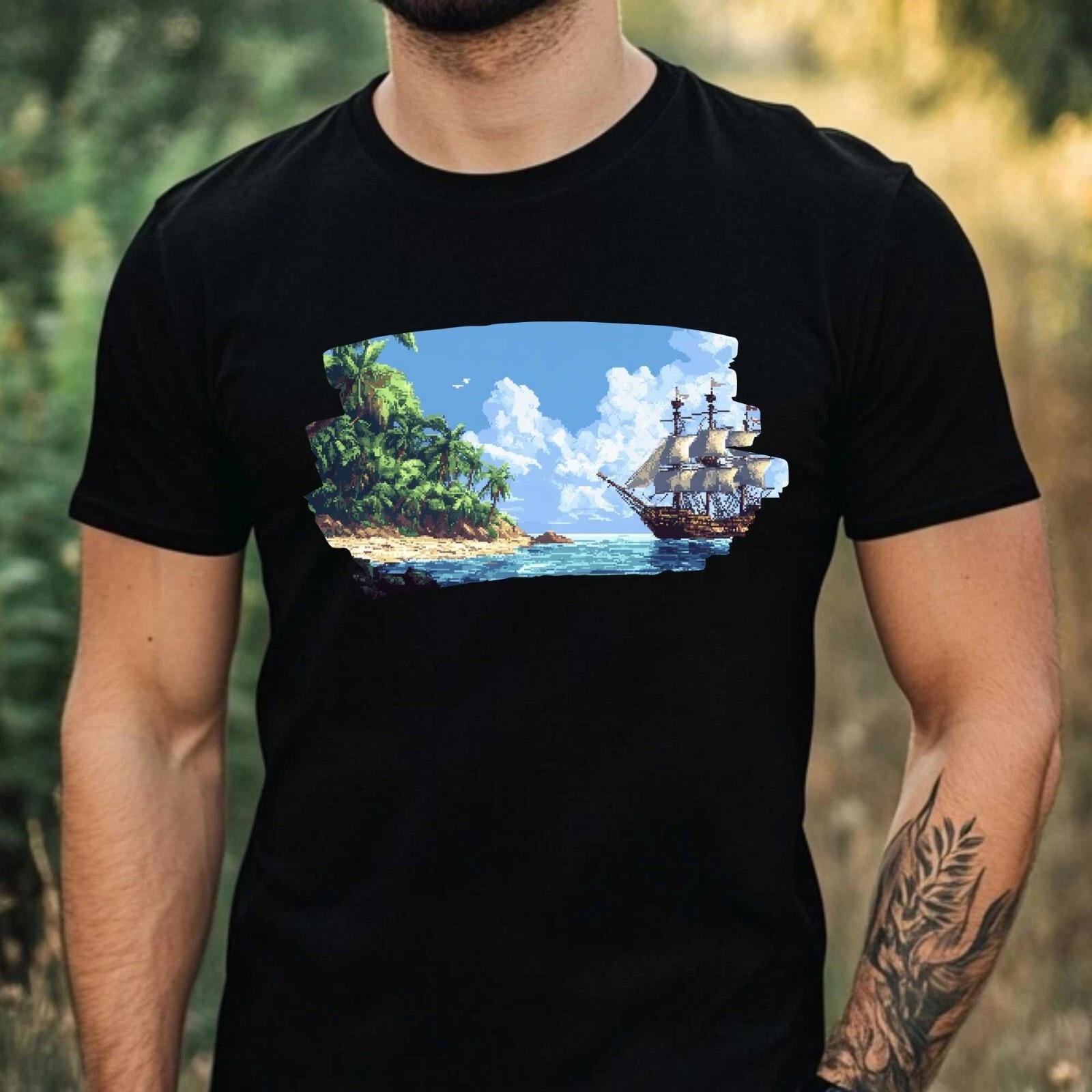 T-Shirt Herren Pirat Pixel Art Motiv Baumwolle Größe XS bis 5XL XS