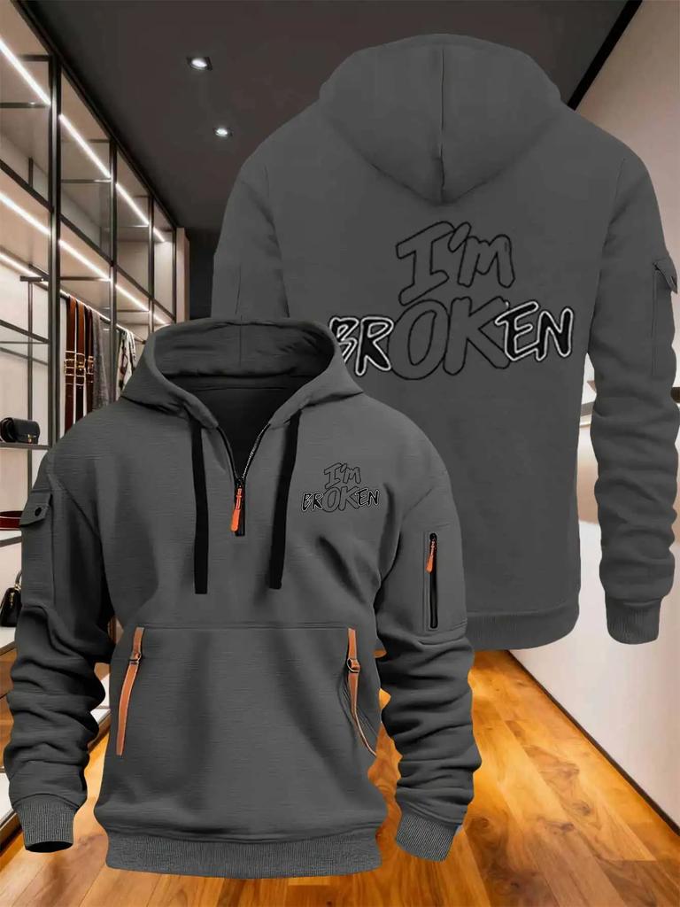 Men's hoodie, stylish with multiple zippers and pockets, loose fitting pullover print I'm ok English print
