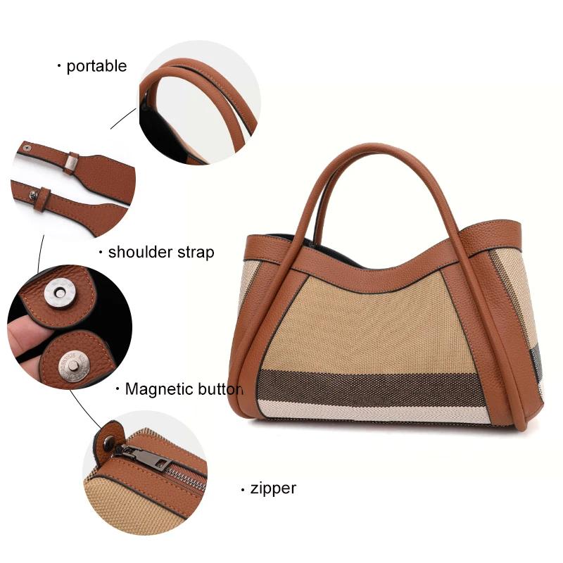 Striped Textured Fabric Tote Handbag Faux Leather Edge Splicing Wide Handle Ladies Daily Commuter Large Shoulder Bag