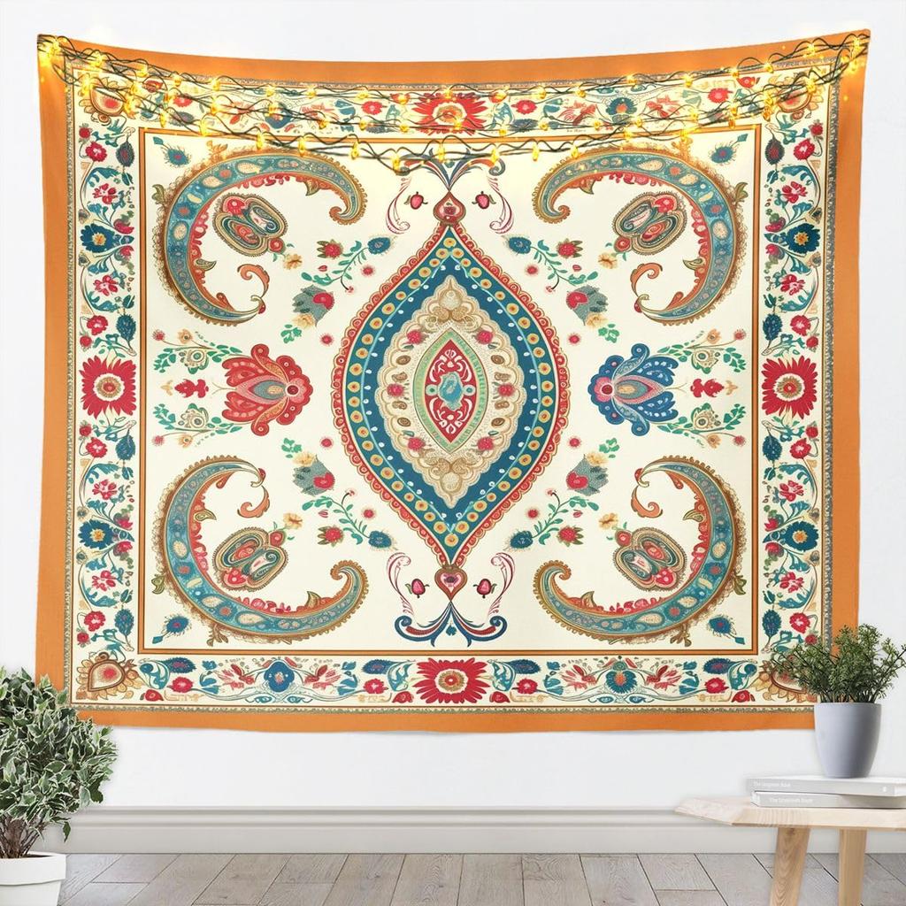 Floral Wall Hanging Bohemian Vintage Lace Damask Art Tapestry Beige Blue Flowers Orange Plaid Microfiber Polyester Tapestries
