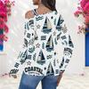 Women Plus Size White Asymmetric Cutout Neck Cold Shoulder Long Sleeve Sailboat Printed Top