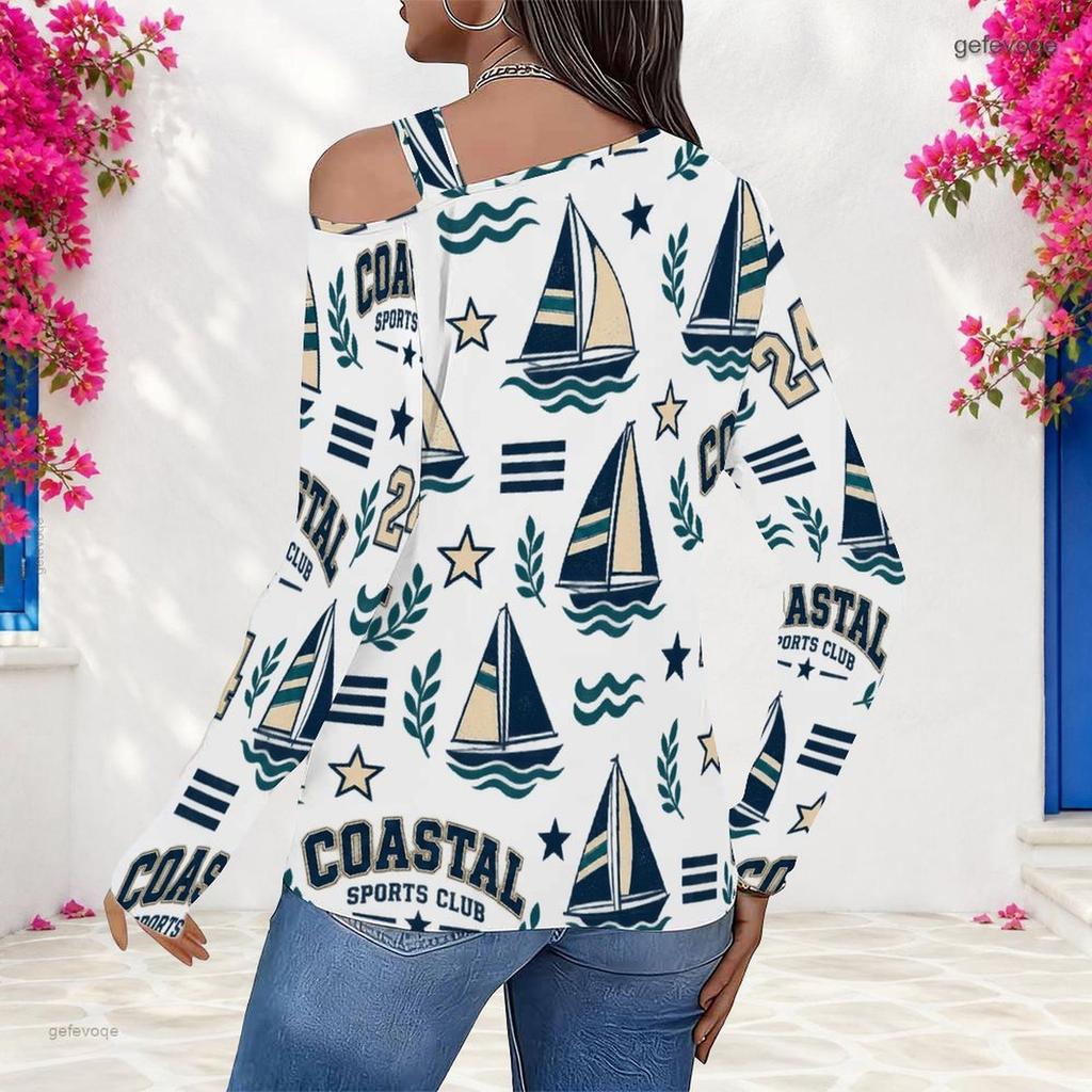 Women Plus Size White Asymmetric Cutout Neck Cold Shoulder Long Sleeve Sailboat Printed Top