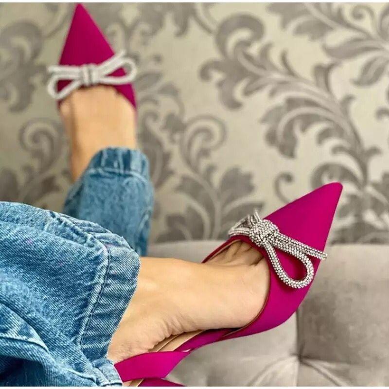 Spring and Summer New Products Bow Rhinestone High-heeled Sandals Women's Thin Heels Pointed Back Empty Fashion Women's Sandals