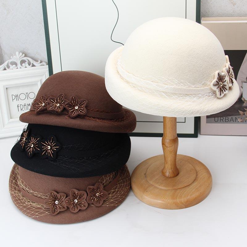 French elegant woolen top hat women's autumn and winter mesh yarn three beads flower crimped pot hat retro domed felt hat