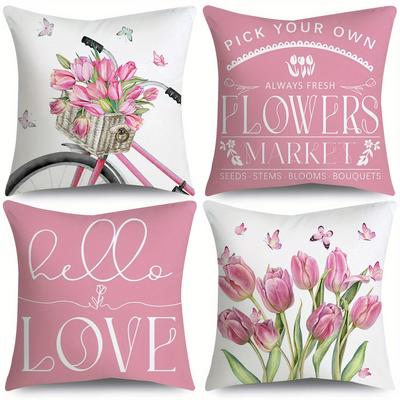 Set of 4 Pink Bicycle Tulip Spring Throw Pillow Covers, Suitable for Bedding And Sofas In The Bedroom