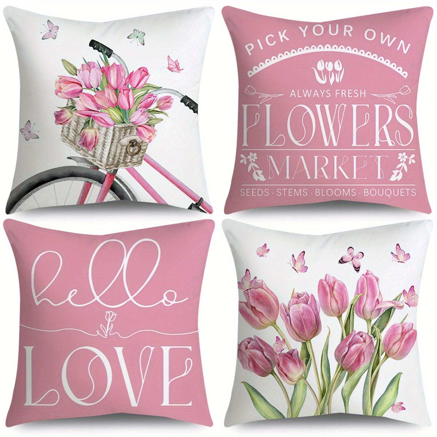 Set of 4 Pink Bicycle Tulip Spring Throw Pillow Covers, Suitable for Bedding And Sofas in The Bedroom 18 X 18-Inch