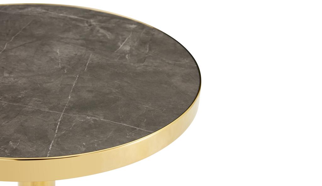 Modern round side table with golden stainless steel frame, table with marble-look surface for the living room, luxurious side table with stable base