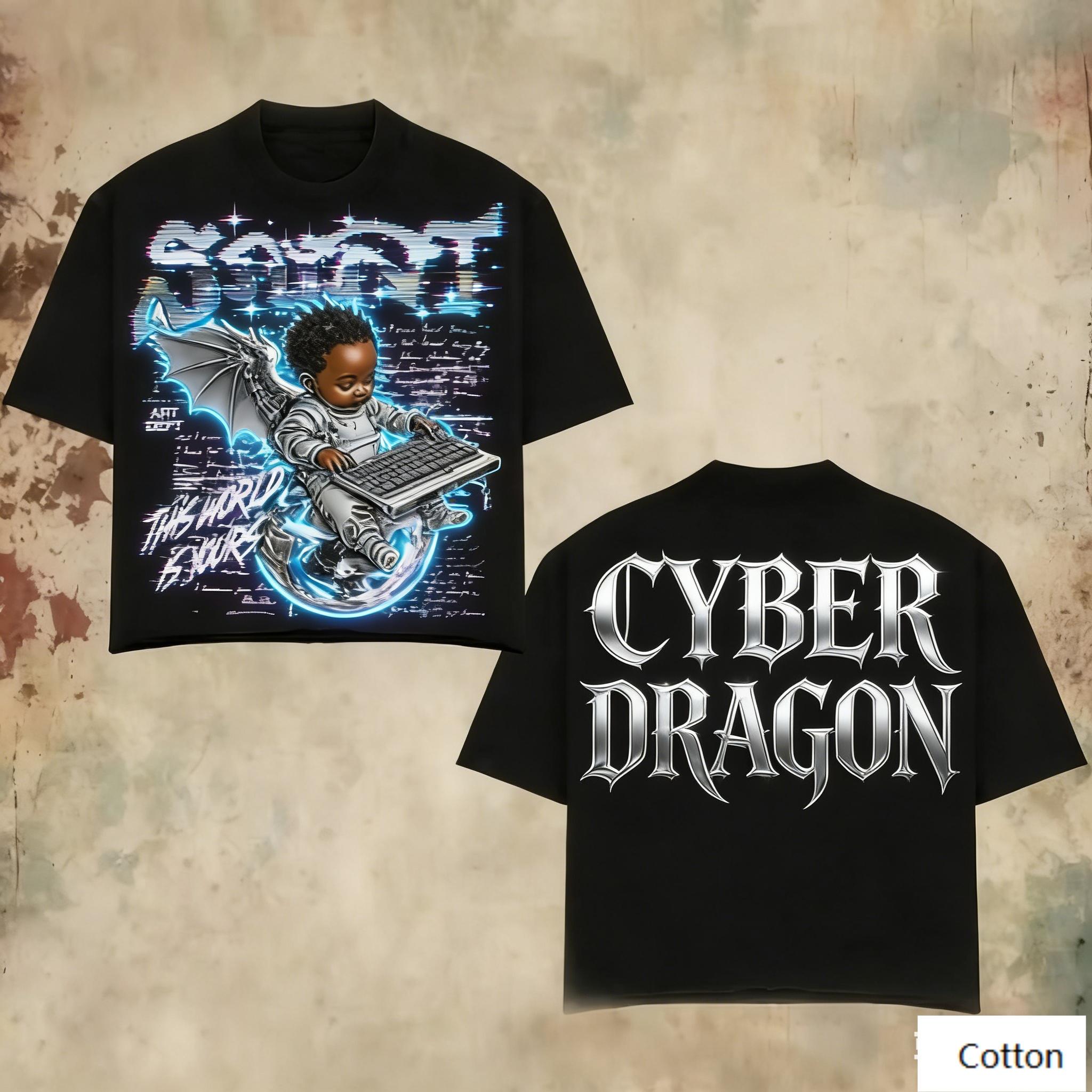 

Oversized Black Cotton TShirt with Bold Cyber Dragon Baby Graphic and CYBER DRAGON Text Unisex Streetwear Tee 4XL