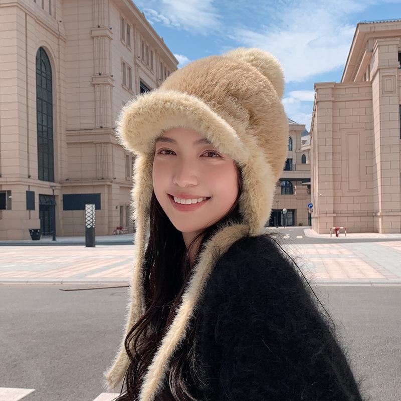 

Женская осенне-зимняя теплая утолщенная защитная шапка с холодным мехом, бархатная вязаная кепка с козырьком, милая бейсбольная кепка One Size хаки