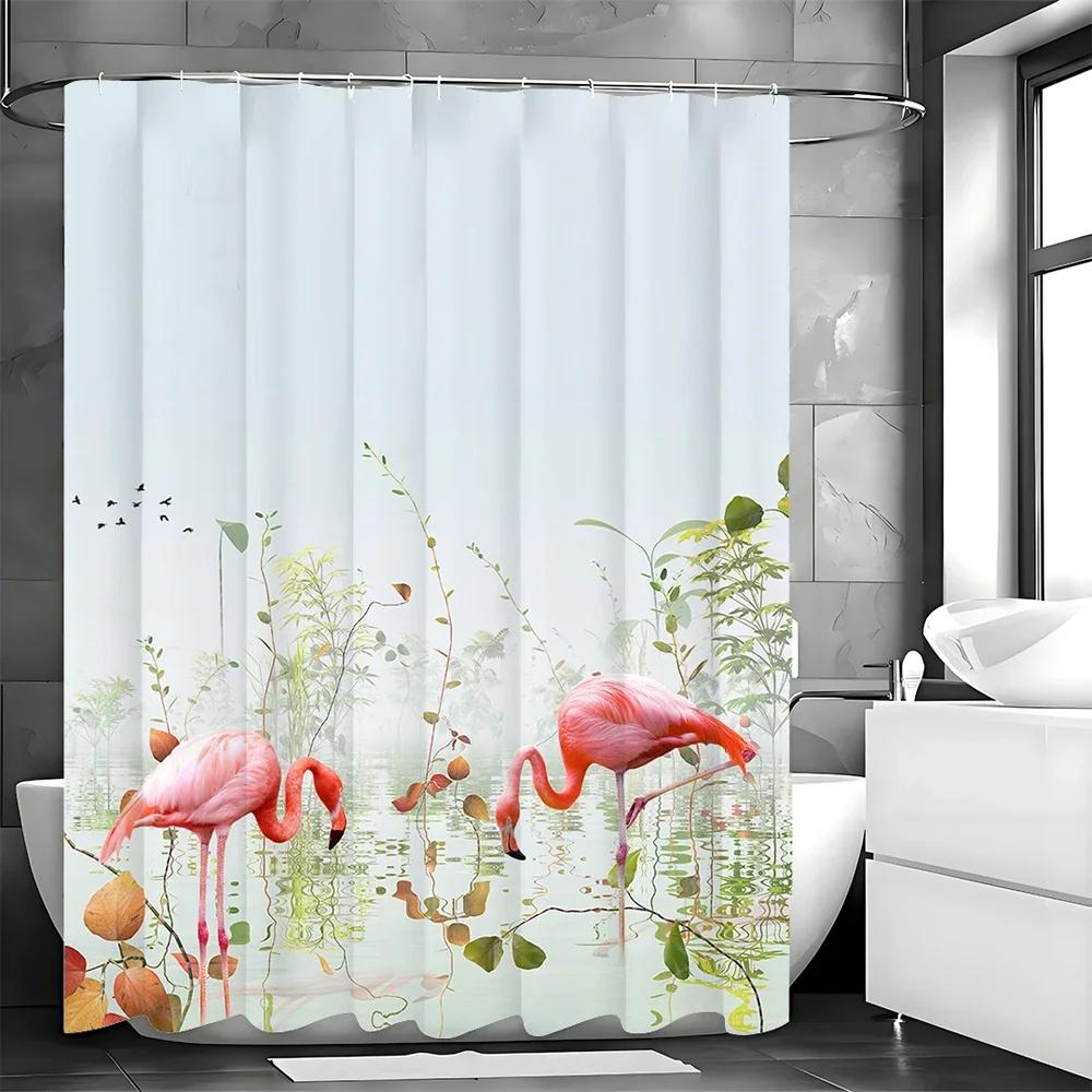 Flamingo Lake Floral Shower Curtain, Bathroom Decorative Shower Curtain, Waterproof Shower Curtain With Hooks